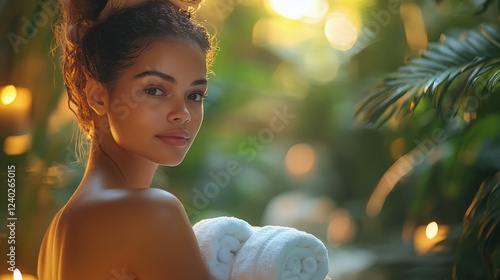 Relaxing moment at a spa with a young woman in a towel and a head wrap