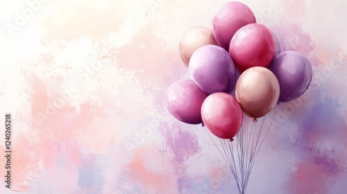 Colorful balloons float against a pastel abstract background for a festive ce...