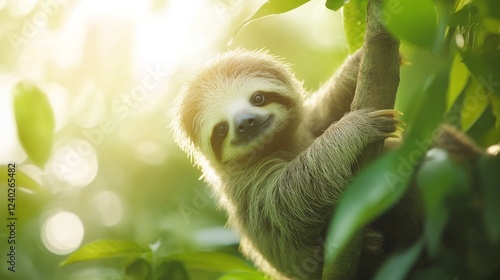 Sloth relaxing on a tree branch in a lush forest during golden hour light