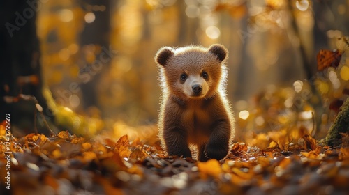 Brown bear cub exploring a sunlit forest path during autumn, surrounded by le...