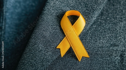 Close up view of a single golden awareness ribbon pinned on the lapel of a dark suit jacket symbolizing support for an important social or health related cause photo