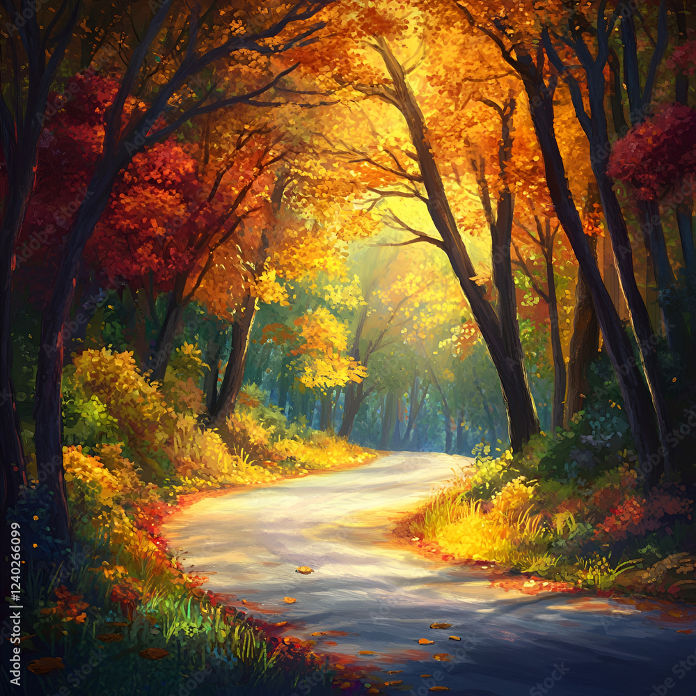 Fototapeta premium Golden Road: A picturesque road winds through an enchanting forest, embraced by vibrant autumn colors. The sun's radiant rays illuminate the scene, painting a breathtaking landscape of natural beauty.