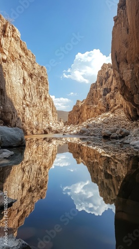 Serene coastal waters reflect sky and surrounding rocky landscape in a tranqu...