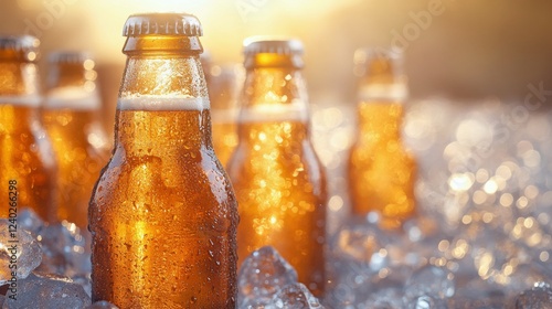 Chilled bottles of beer on ice with sunlight shining through in a warm outdoo...