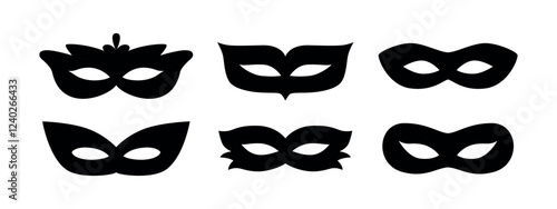 Carnival masks silhouettes. Festival costume element. Black masks shapes. Mardi Gras mask. Brazil carnival, Venice. Halloween. Masquerade. Vector icons, symbols.