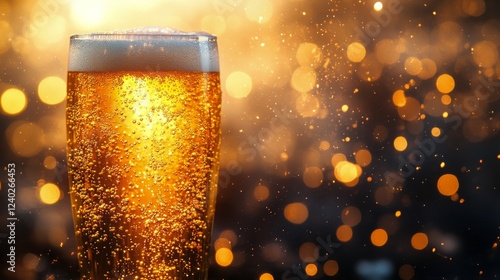 Sparkling glass of golden beer with bubbles and glimmering background during ...
