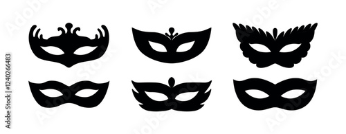 Carnival masks black silhouettes. Festival costume element. Masks shapes. Mardi Gras mask. Brazil carnival, Venice. Halloween. Masquerade. Vector icons, symbols.