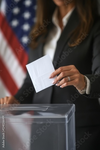 A professional woman speaks at a podium with an American flag backdrop at a p...