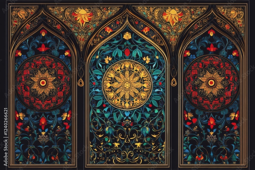 Intricate Golden Floral Mandala Triptych: A Stunning Display of Islamic Art Intricate Golden Floral Mandala Triptych: A Stunning Display of Islamic Art