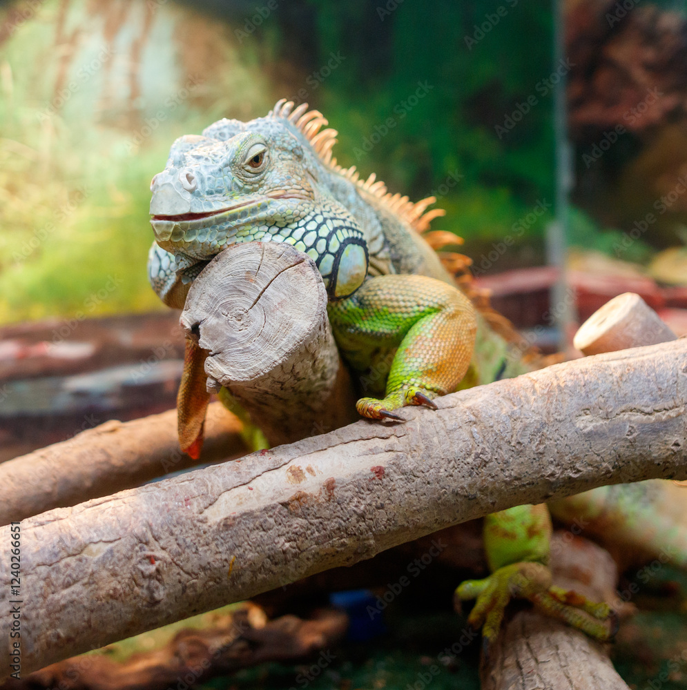 Fototapeta premium A green iguana is laying on a log in a terrarium