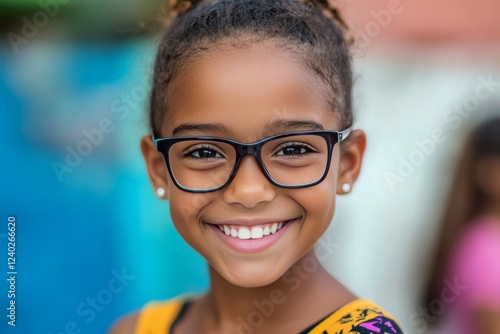 Girl with glasses smiles brightly while enjoying a sunny day outdoors