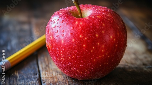 Fresh red apple with water droplets on notebook near window in bright natural...