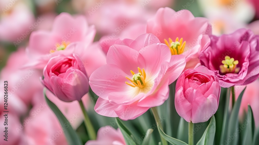 Closeup Pink Tulips Blooming Spring Flowers Closeup Pink Tulips Blooming Spring Flowers