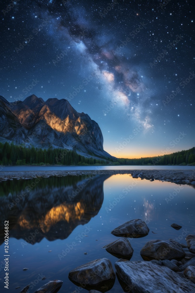 Obraz premium starry sky over a mountain range reflecting in a lake