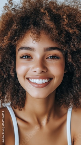 Bright smile of a young woman with curly hair indoors during daytime