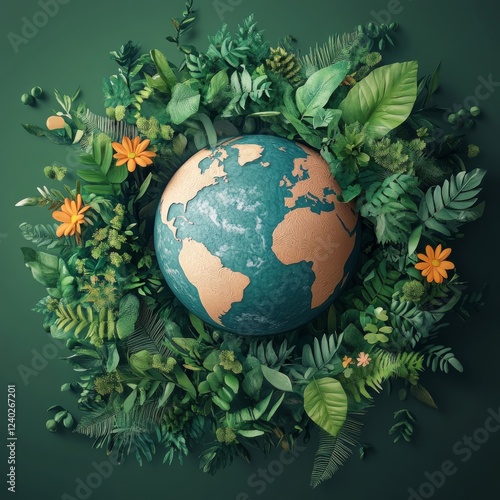 Earth surrounded by vibrant foliage representing nature and environmental har...