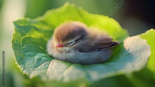 Small yellow bird perched on green leaves in a sunny environment during sprin...