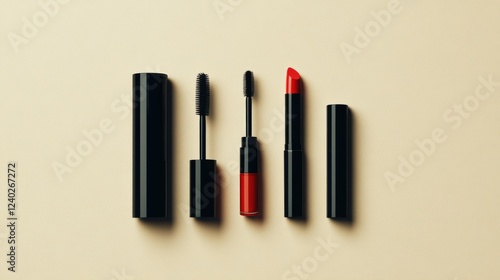 Makeup collection featuring various cosmetics arranged on a neutral background