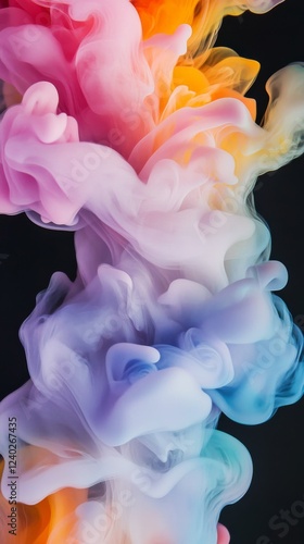 Colorful abstract shapes flowing harmoniously in swirling patterns on a black...