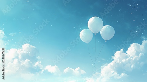 White hot air balloons floating above fluffy clouds in a blue sky setting