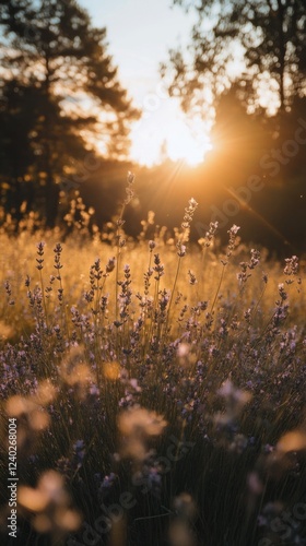 Sunlight shining through lavender fields during golden hour near a serene lan...