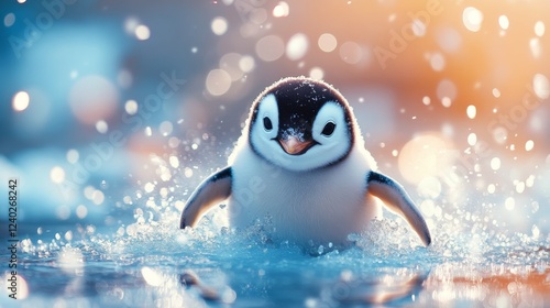 Cute baby penguin standing on snow with sparkling snowflakes in a winter wond...