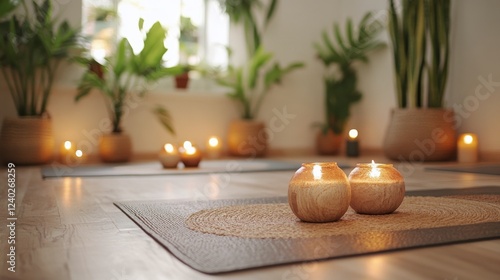 Serene yoga studio ambiance with glowing candles and peaceful atmosphere in t...