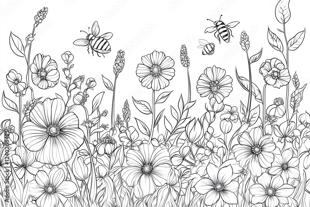 drawing of a field of flowers with bees flying around them. The flowers are of various colors and sizes, and the bees are scattered throughout the scene. Coloring book page. drawing of a field of flowers with bees flying around them. The flowers are of various colors and sizes, and the bees are scattered throughout the scene. Coloring book page.