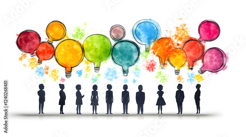 Silhouettes of people stand beneath colorful speech bubbles, symbolizing communication and creativity. vibrant colors and abstract design convey sense of collaboration and idea exchange