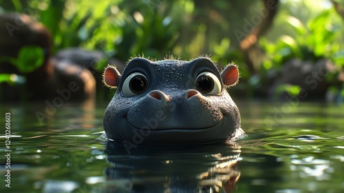 Curious hippo peeks from the water surrounded by lush greenery in the afterno...