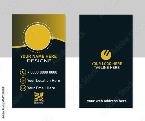 Modern blue black business card,black and yollow, business card design.Vector fashion background design with information sample name text.safe with,circel,polygon,indigo,color,blue,teal,color.professi