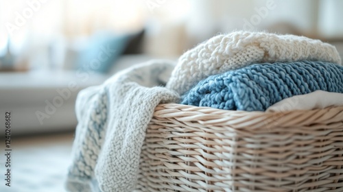 Cozy knitted blankets arranged in a wicker basket in a warm living room setting