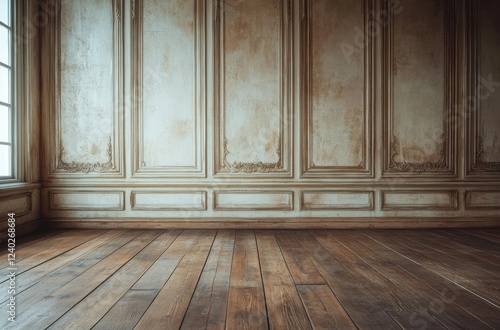 Elegant empty room with intricate wall details and large windows during daylight
