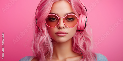 Wallpaper Mural Vibrant portrait of a young woman with pink hair and headphones studio setting fashion photography trendy concept close-up view Torontodigital.ca