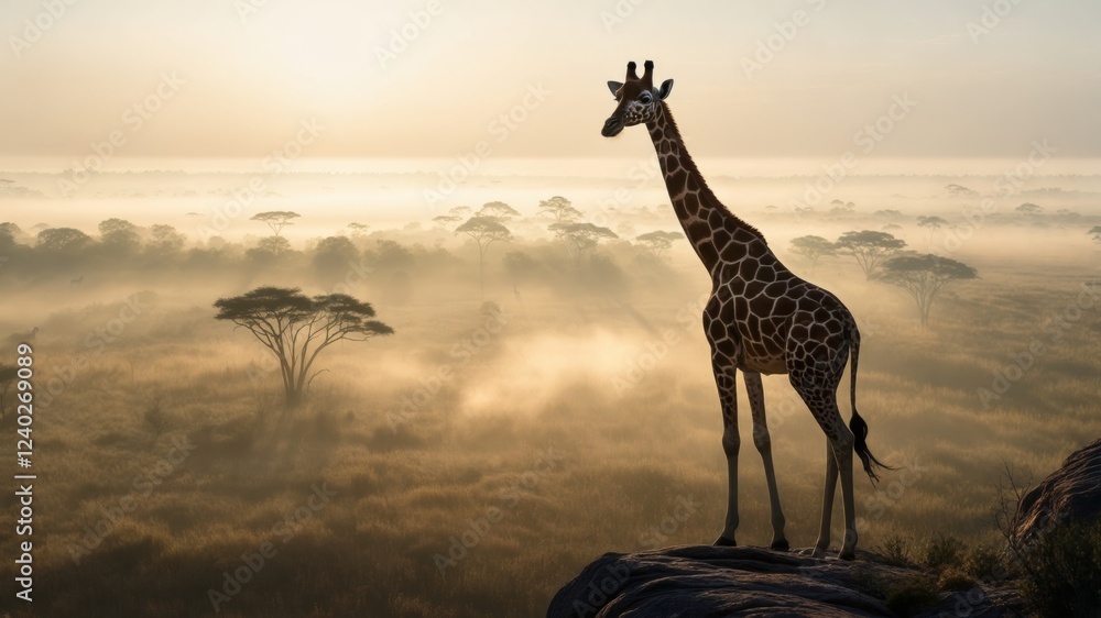 Obraz premium Majestic giraffe overlooking misty savannah at sunrise