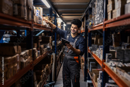 Wallpaper Mural Young interracial blue collar worker going trough checklist on tablet in warehouse. Torontodigital.ca