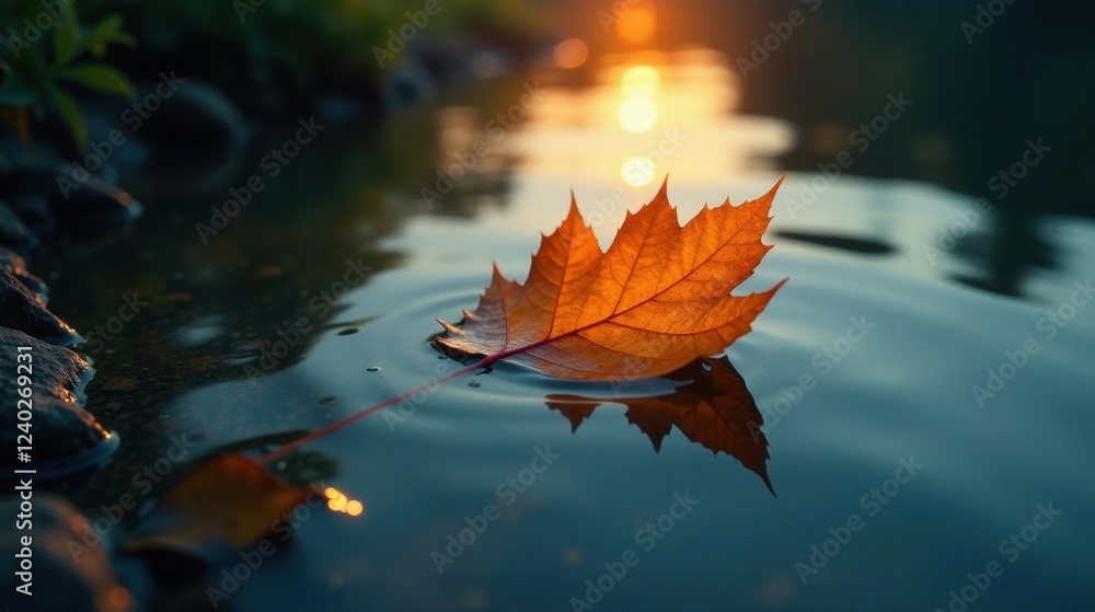 Serene Autumnal Leaf Afloat on Still Water at Sunset's Glow Serene Autumnal Leaf Afloat on Still Water at Sunset's Glow