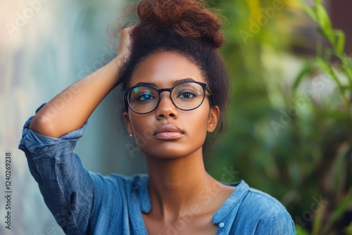 Woman with glasses poses thoughtfully outdoors in a casual blue shirt amid gr...