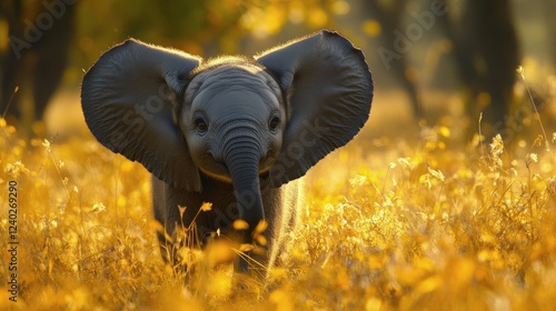 Baby elephant walking through golden grass during sunset at a wildlife reserv...