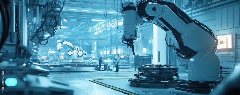 Futuristic Aerospace Factory Featuring Advanced Robotics in a High-Tech Production Environment Futuristic Aerospace Factory Featuring Advanced Robotics in a High-Tech Production Environment
