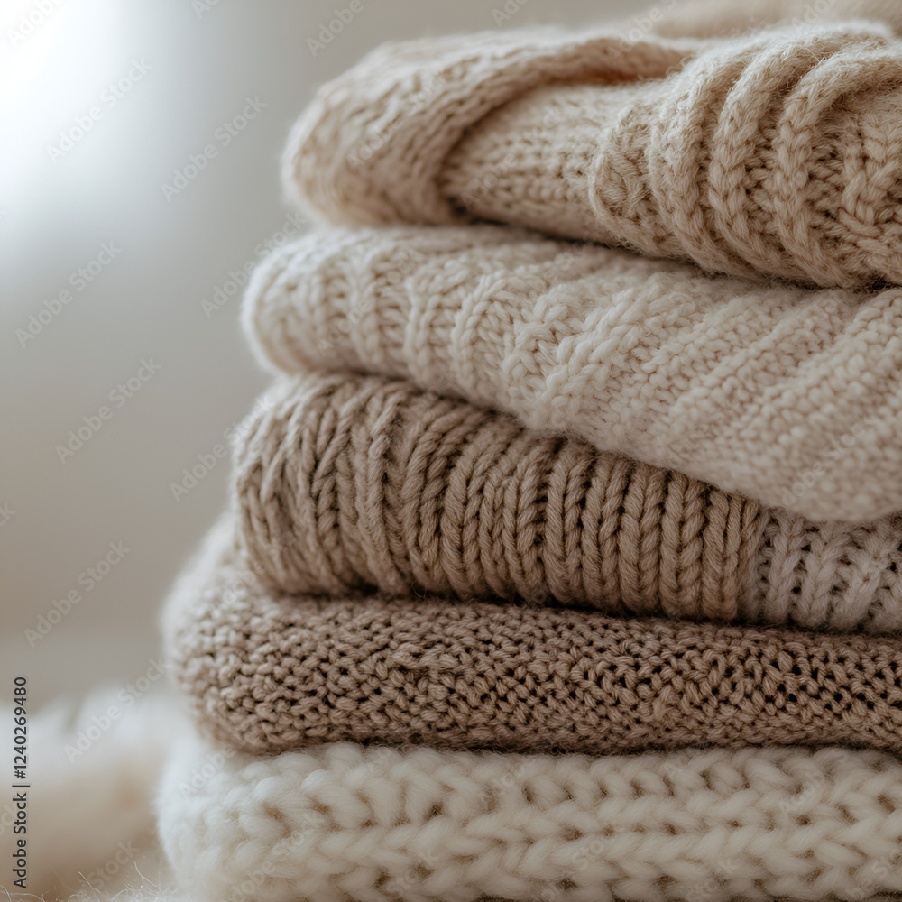 Cozy Knitwear Collection: A stack of various knit sweaters in soft neutral tones creates a warm, inviting display, perfect for showcasing textures and the cozy aesthetic. Cozy Knitwear Collection: A stack of various knit sweaters in soft neutral tones creates a warm, inviting display, perfect for showcasing textures and the cozy aesthetic.