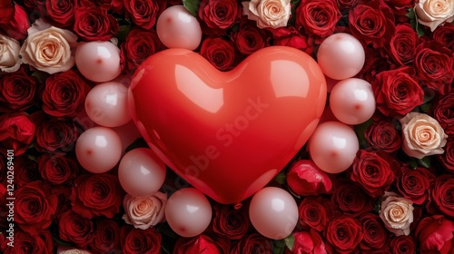 Heart-shaped decoration surrounded by red and pink roses and decorative pearl...