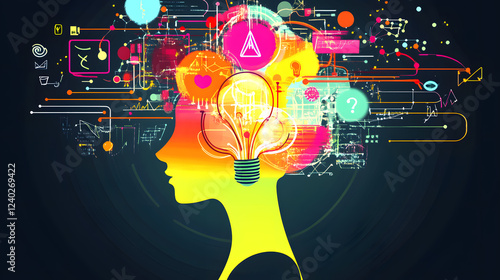 vibrant illustration of human profile with light bulb symbolizing creativity and innovation, surrounded by colorful digital icons and abstract lines representing technology and ideas