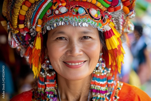 Colorful traditional headdress worn by a smiling woman in a vibrant outdoor s...