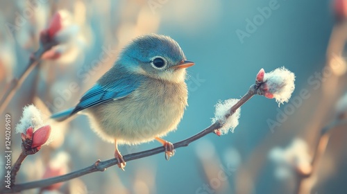 Small blue bird perched on a flower branch in a serene natural setting during...
