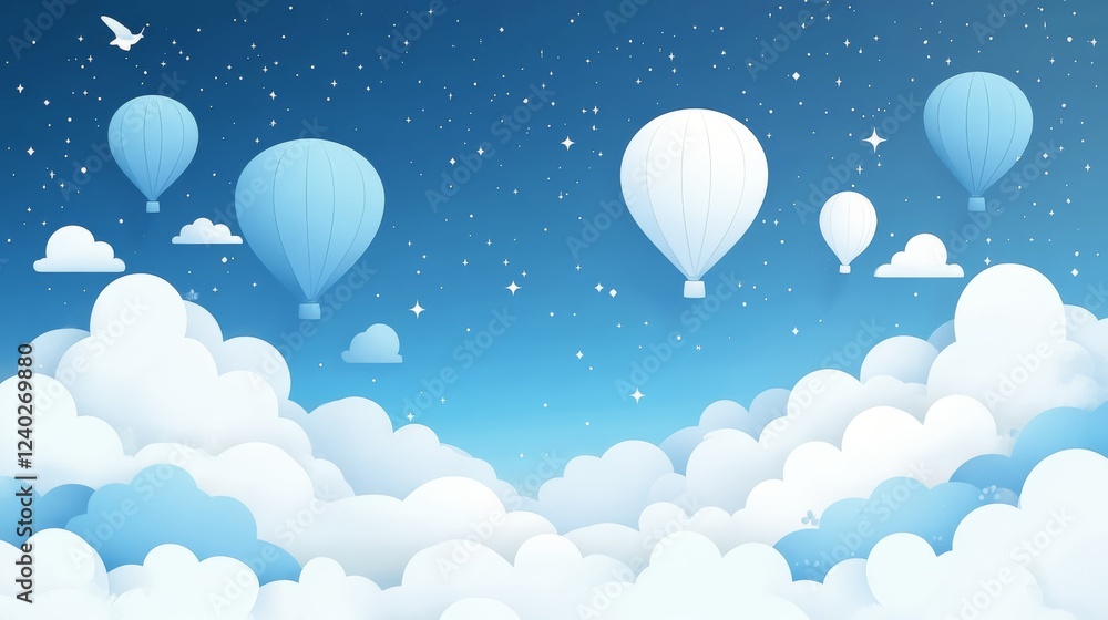 Obraz premium White hot air balloons floating above fluffy clouds in a blue sky setting