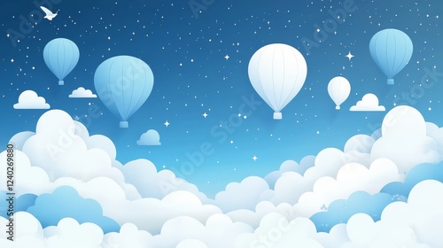 White hot air balloons floating above fluffy clouds in a blue sky setting