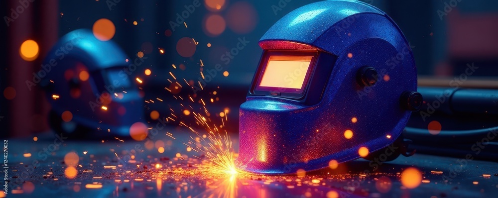 Multiple welding mask clip art on bold, multicolored backdrop , digital, industrial Multiple welding mask clip art on bold, multicolored backdrop , digital, industrial