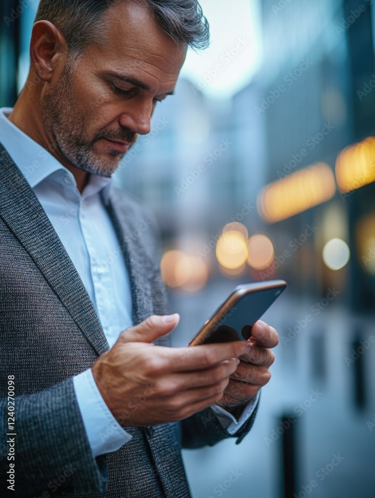 Busy Man Checking Phone in Urban Environment Busy Man Checking Phone in Urban Environment