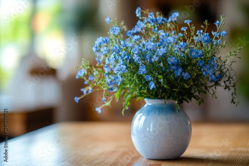 Bright blue flowers in a glass vase on a rustic wooden table indoors